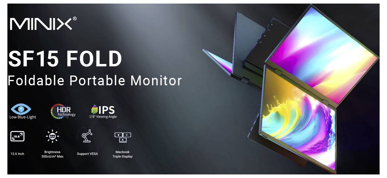 Écran portable pliable MINIX SF15 Fold avec deux affichages couleur superposés ; le texte met en évidence HDR, IPS, lumière bleue réduite, support VESA et triple affichage MacBook.