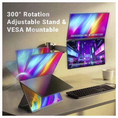 Image promotionnelle d'une configuration de moniteur triple écran portable avec le texte « Support ajustable de rotation à 300° et compatible VESA », affichée sur un bureau avec un écran de type ordinateur portable et deux écrans montés au mur.