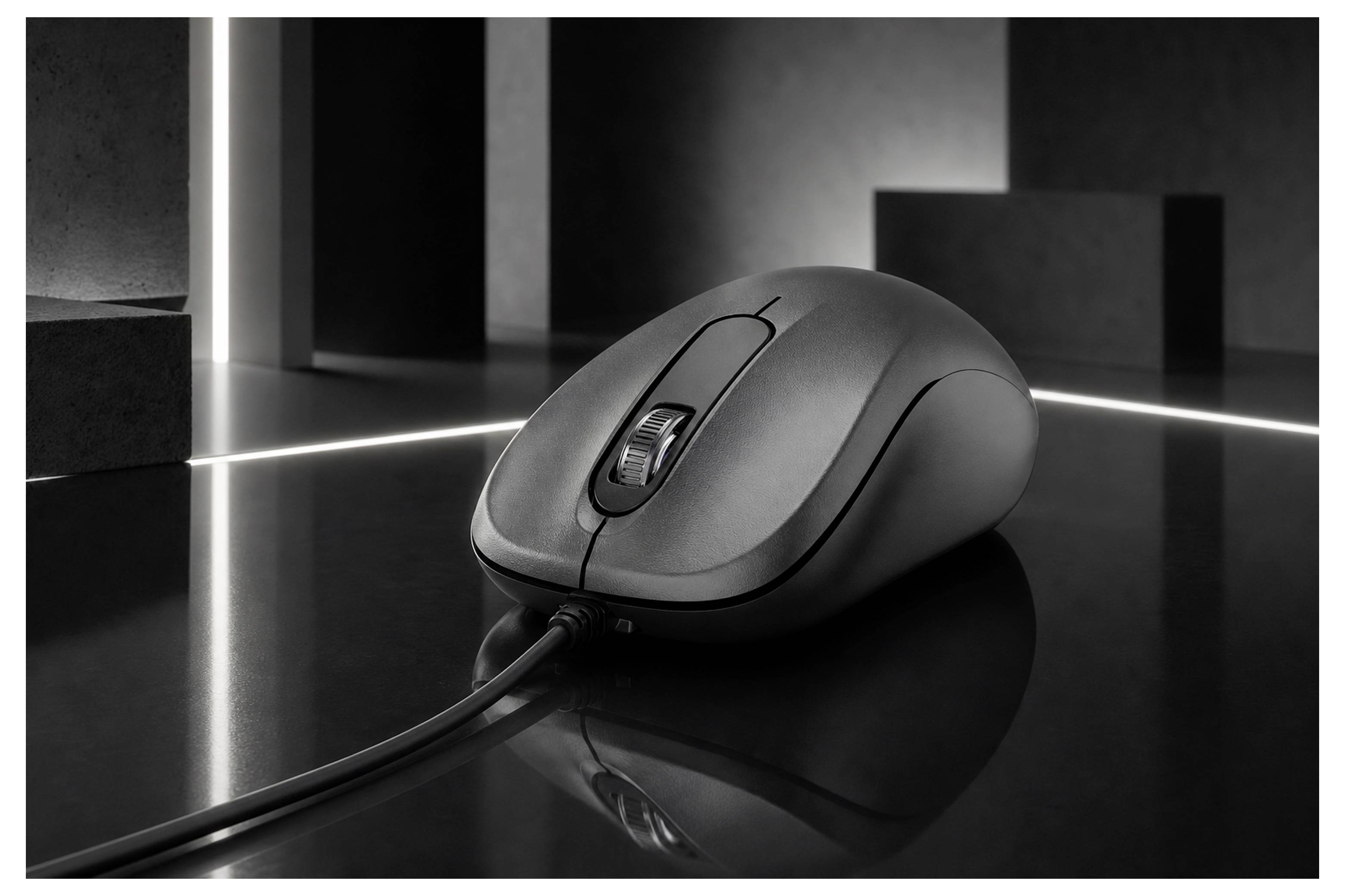 Souris d'ordinateur filaire noire sur une surface sombre brillante dans un environnement de studio minimaliste, avec une molette de défilement et un cordon visibles.