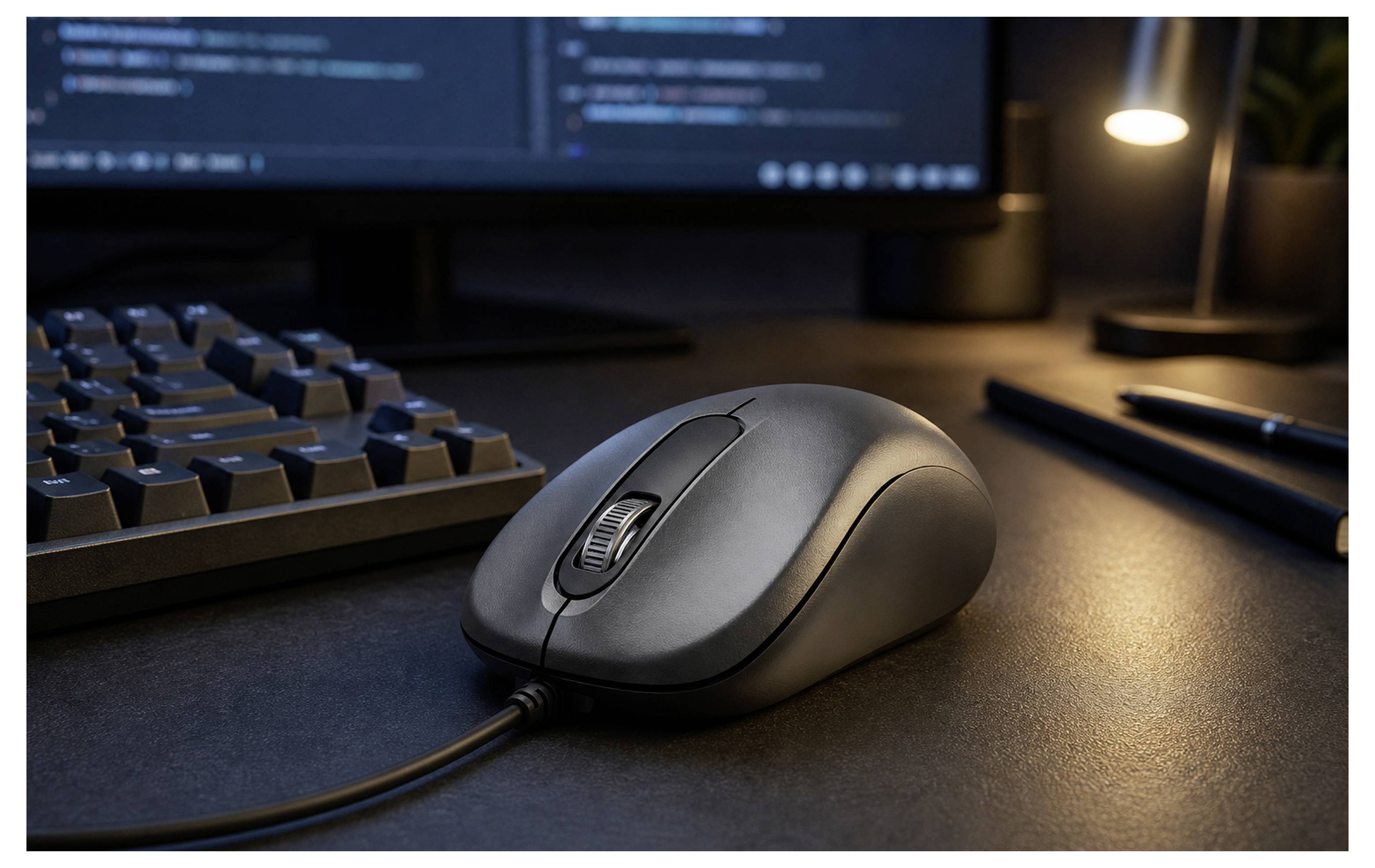 Souris d'ordinateur sur un bureau face à un moniteur affichant du code, avec un clavier et une lampe de bureau, suggérant un espace de travail ou une configuration de programmation.