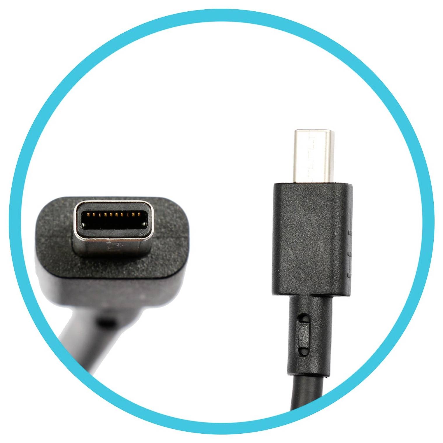 Câble USB-C montré avec des vues rapprochées des deux extrémités du connecteur à l'intérieur d'un cercle bleu sur un fond blanc.