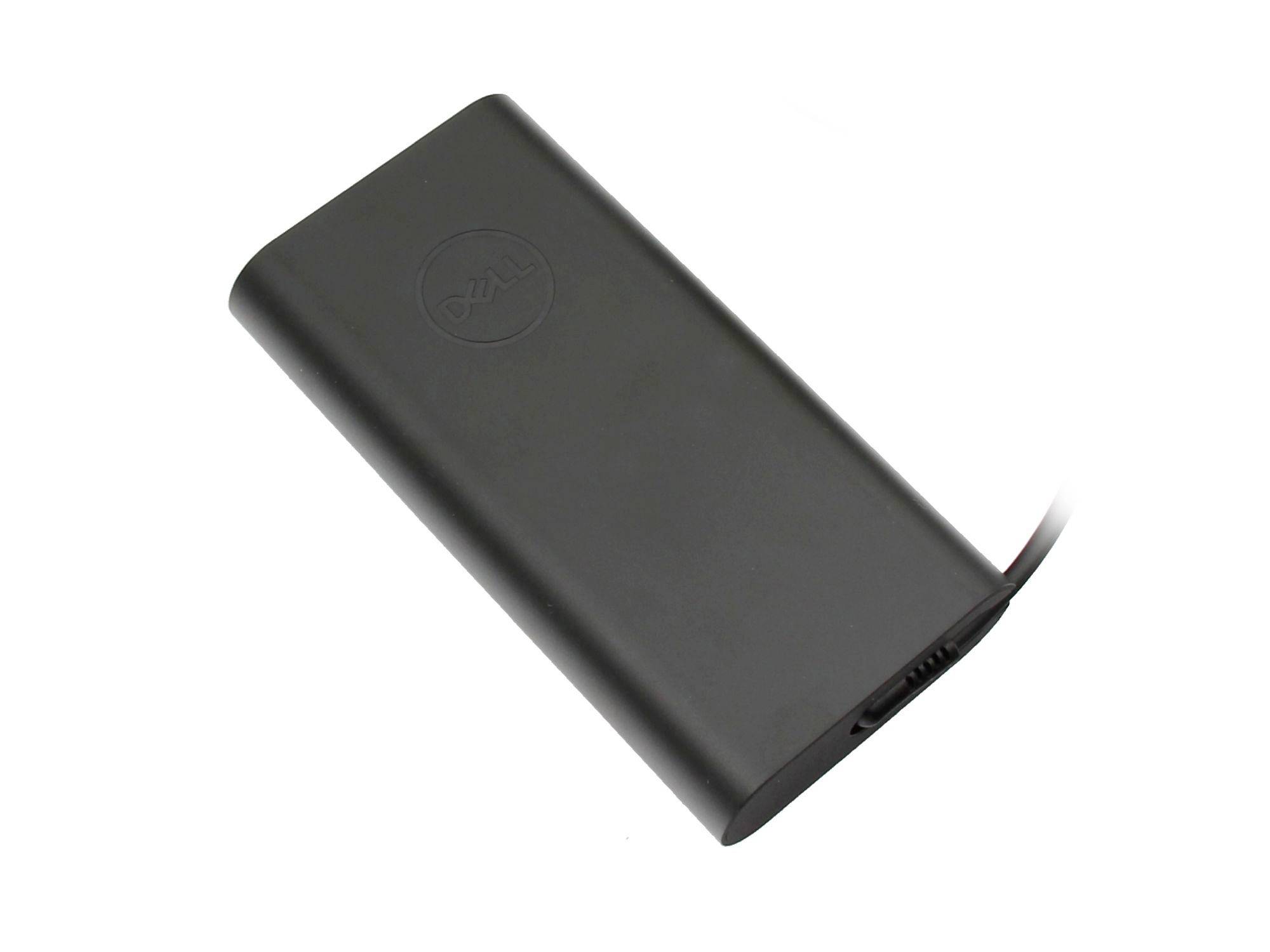Adaptateur d'alimentation pour ordinateur portable Dell noir avec câble intégré, présenté sur fond blanc.