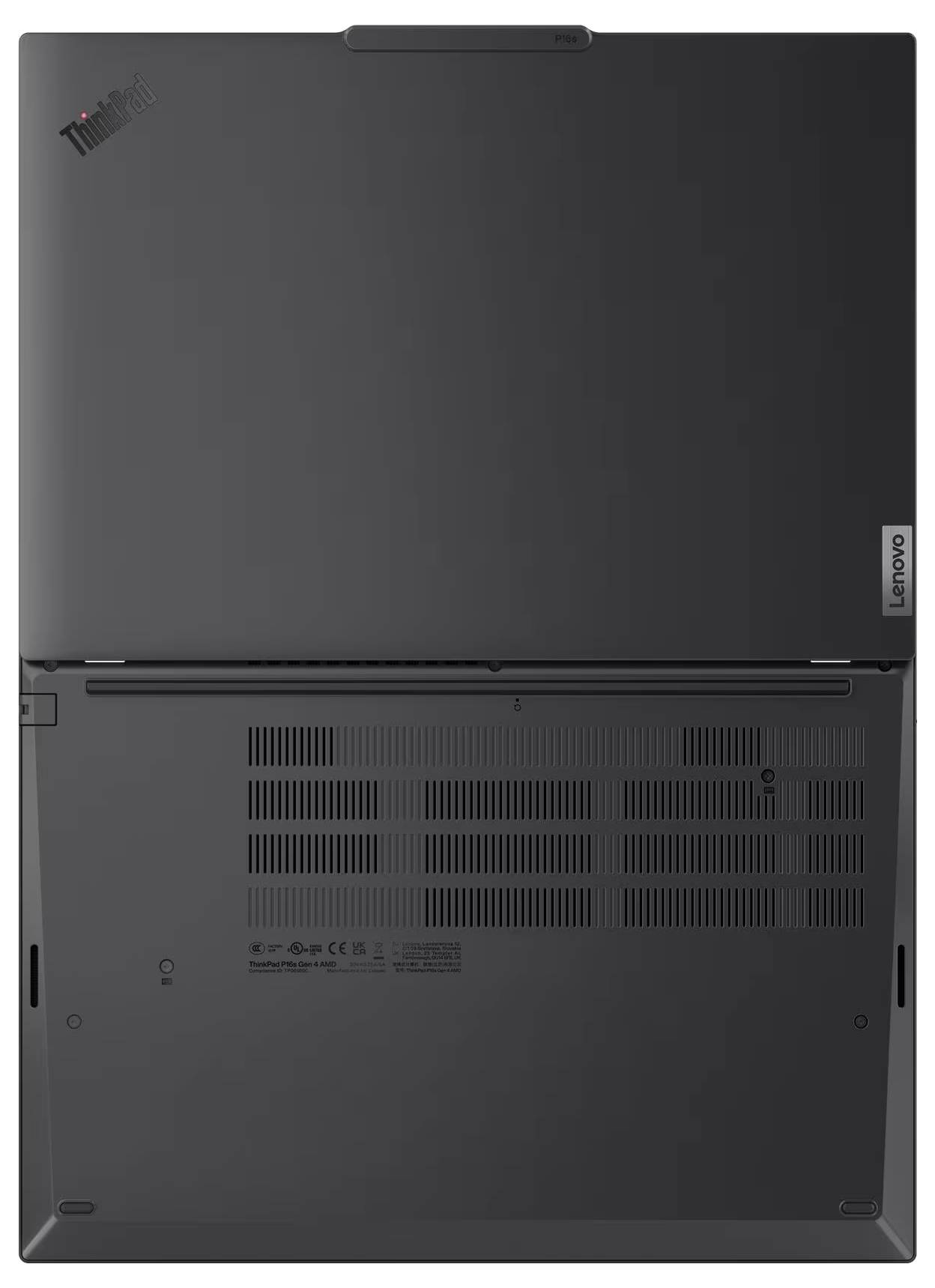 Vue inférieure d'un ordinateur portable Lenovo ThinkPad, montrant les panneaux inférieurs, les évents et les charnières.