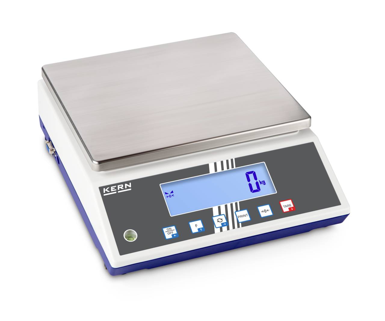 Balance numérique de paillasse avec plateau de pesage en acier inoxydable et écran rétroéclairé bleu affichant 0 kg.