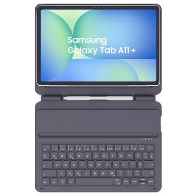 Tablette Samsung Galaxy Tab A11+ avec étui clavier intégré et stylet, vue de face sur fond blanc.
