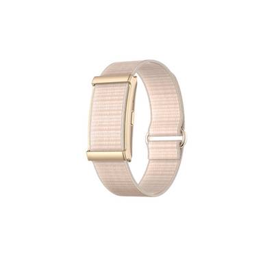 Bracelet de montre tressé rose avec fermoir en métal plaqué or rose, présenté isolé sur fond blanc.
