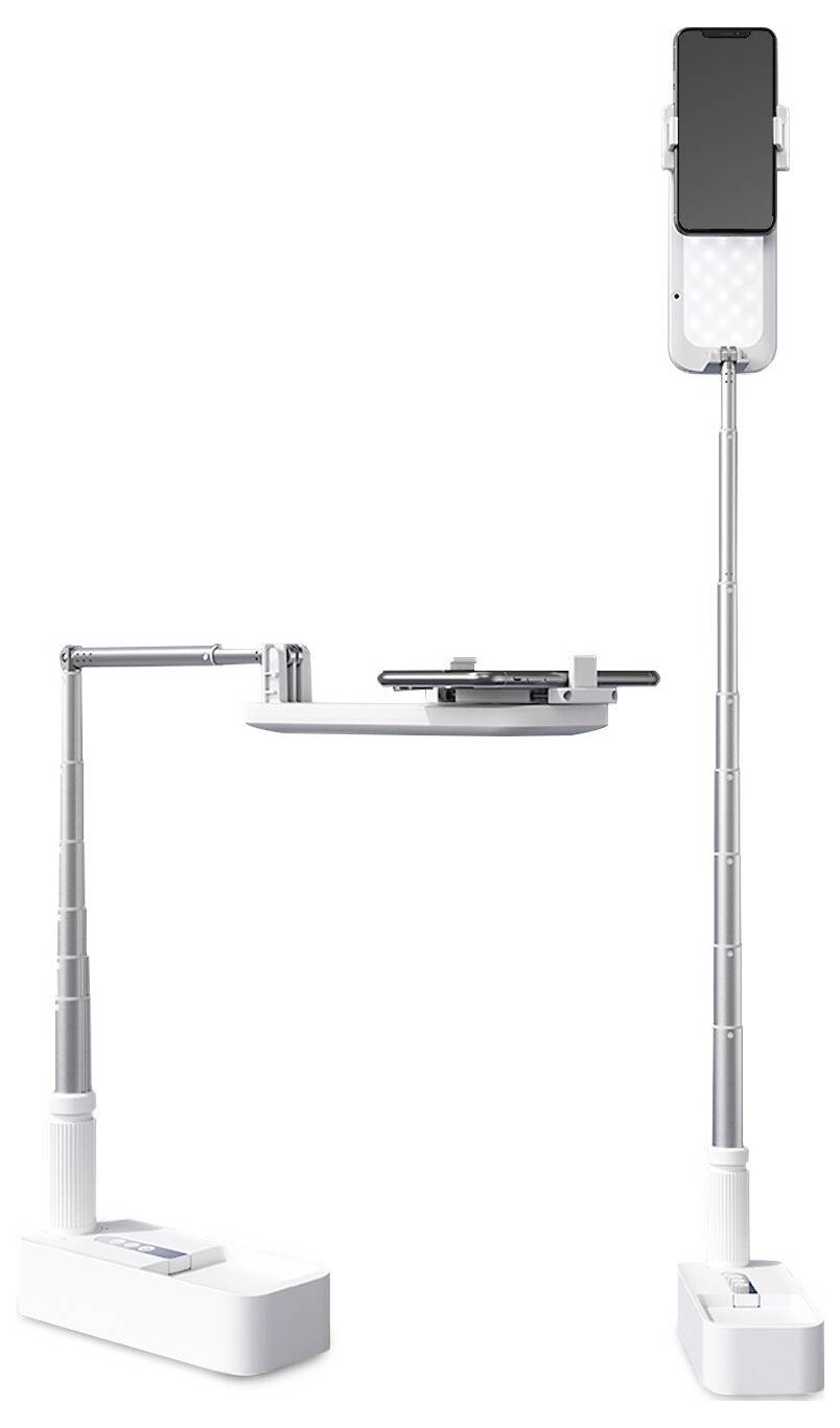 Affichage de produit d'un smartphone monté sur un support haut réglable, relié par un bras à une deuxième base avec une plateforme au centre.