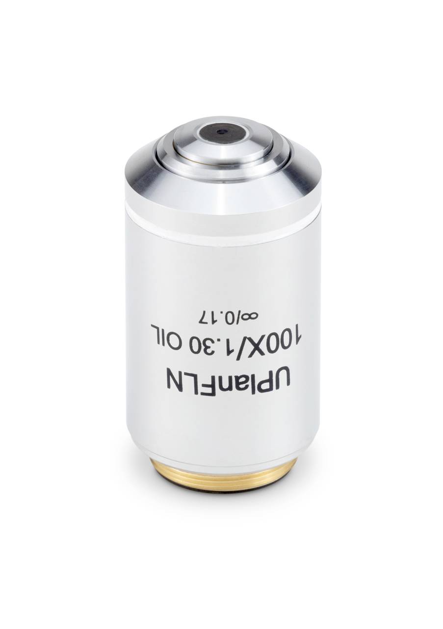Objectif de microscope étiqueté « UPLanFLN 100x/1.30 Oil 0.17 », présenté sur un fond blanc.