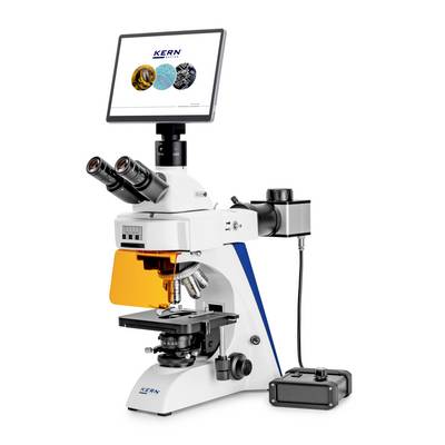 Microscope numérique avec écran tactile, oculaires doubles, platine et boîtier de commande attaché sur fond blanc.