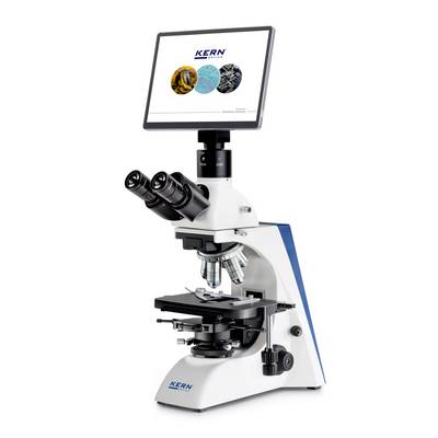 Microscope numérique avec moniteur affichant le logo KERN et des images d'échantillons, présenté en vue latérale sur un fond blanc.