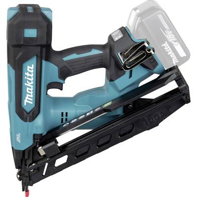Cloueur à brads sans fil Makita avec batterie, présenté en vue de profil sur un fond blanc.