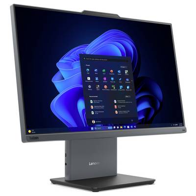 Ordinateur de bureau tout-en-un tactile Lenovo ThinkCentre affichant le menu Démarrer de Windows 11 sur un papier peint abstrait bleu.
