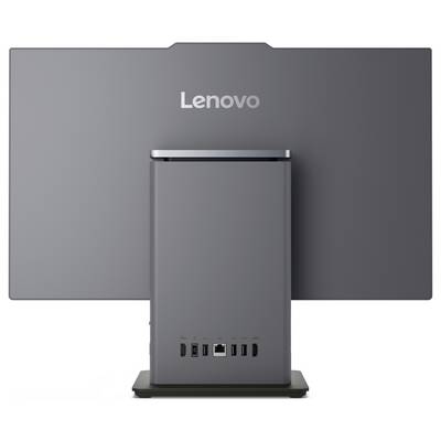 Station d'accueil de bureau Lenovo grise présentée de l'arrière, centrée devant un panneau Lenovo plus grand.