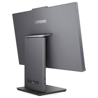 Vue arrière d'un ordinateur de bureau tout-en-un Lenovo sur un socle, montrant le panneau arrière et les ports.