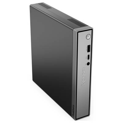 Ordinateur de bureau mini Lenovo compact présenté en orientation verticale, avec bouton d'alimentation frontal, ports USB et ports audio.