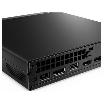 Boîtier média/lecteur compact noir montrant les ports frontaux et les évents sur un fond blanc.