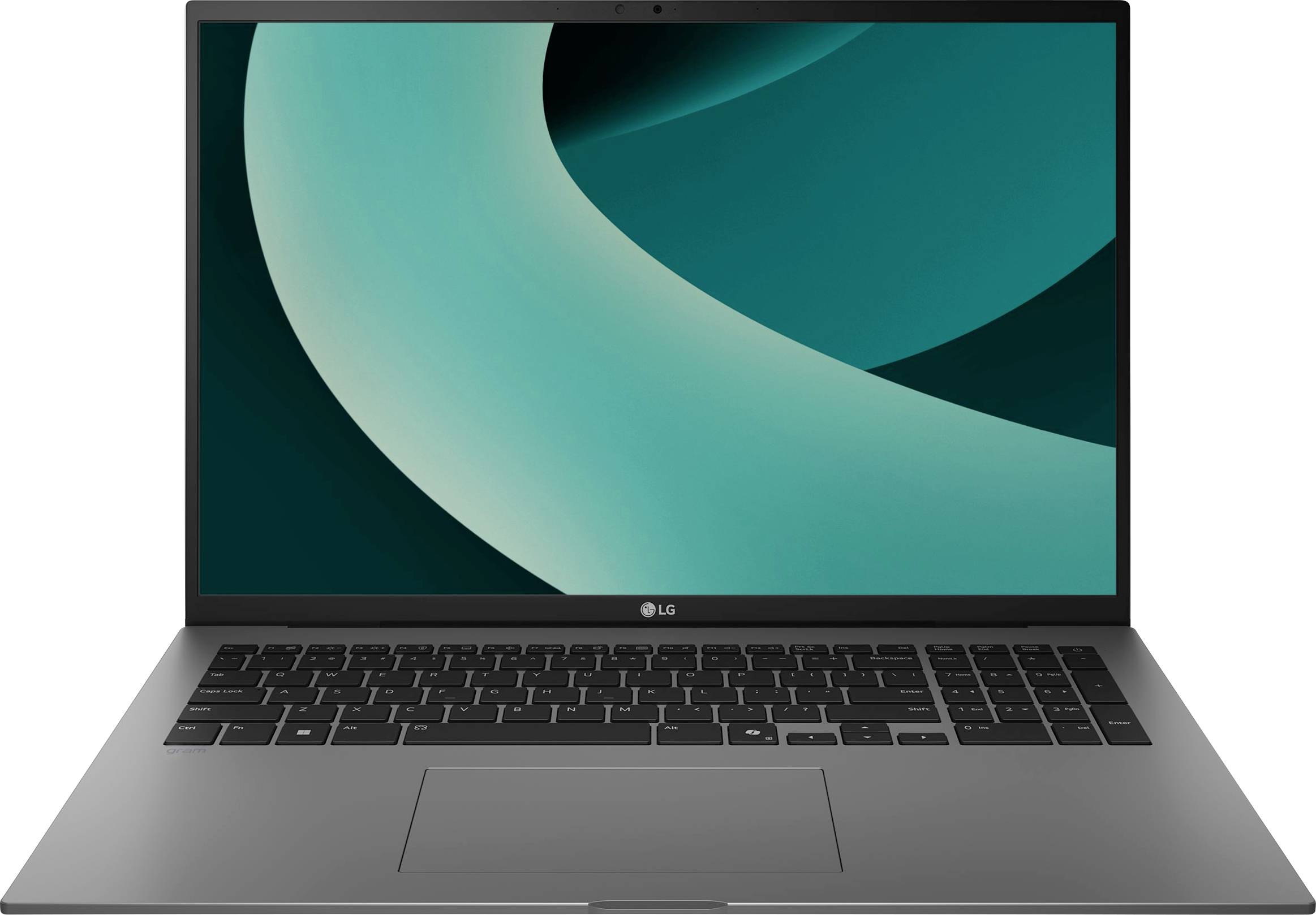 Vue de face d'un ordinateur portable LG ouvert avec un fond d'écran abstrait turquoise affichée à l'écran.