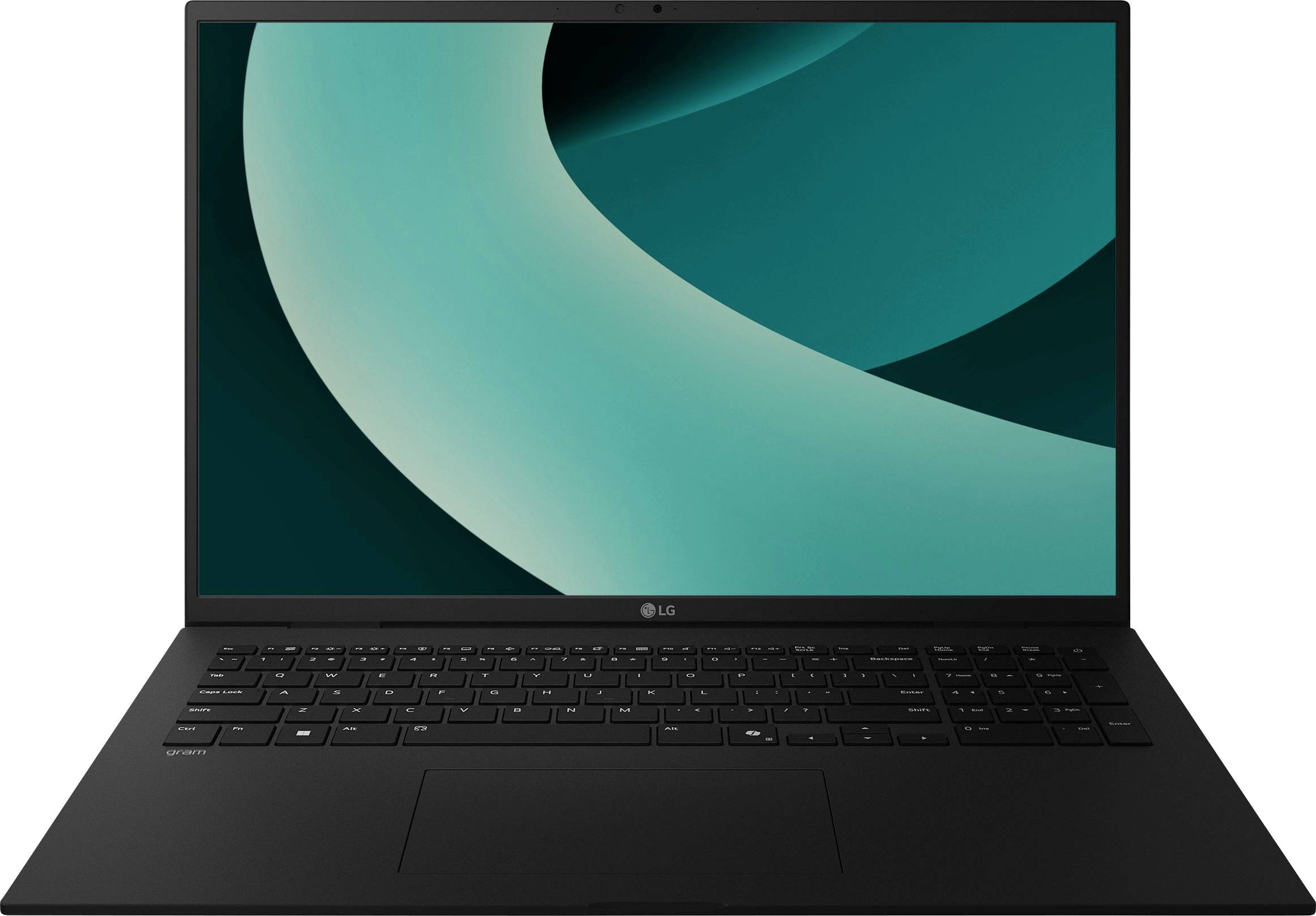 Ordinateur portable LG noir ouvert avec un fond d'écran abstrait teinte affichée à l'écran, vue de face sur fond blanc.