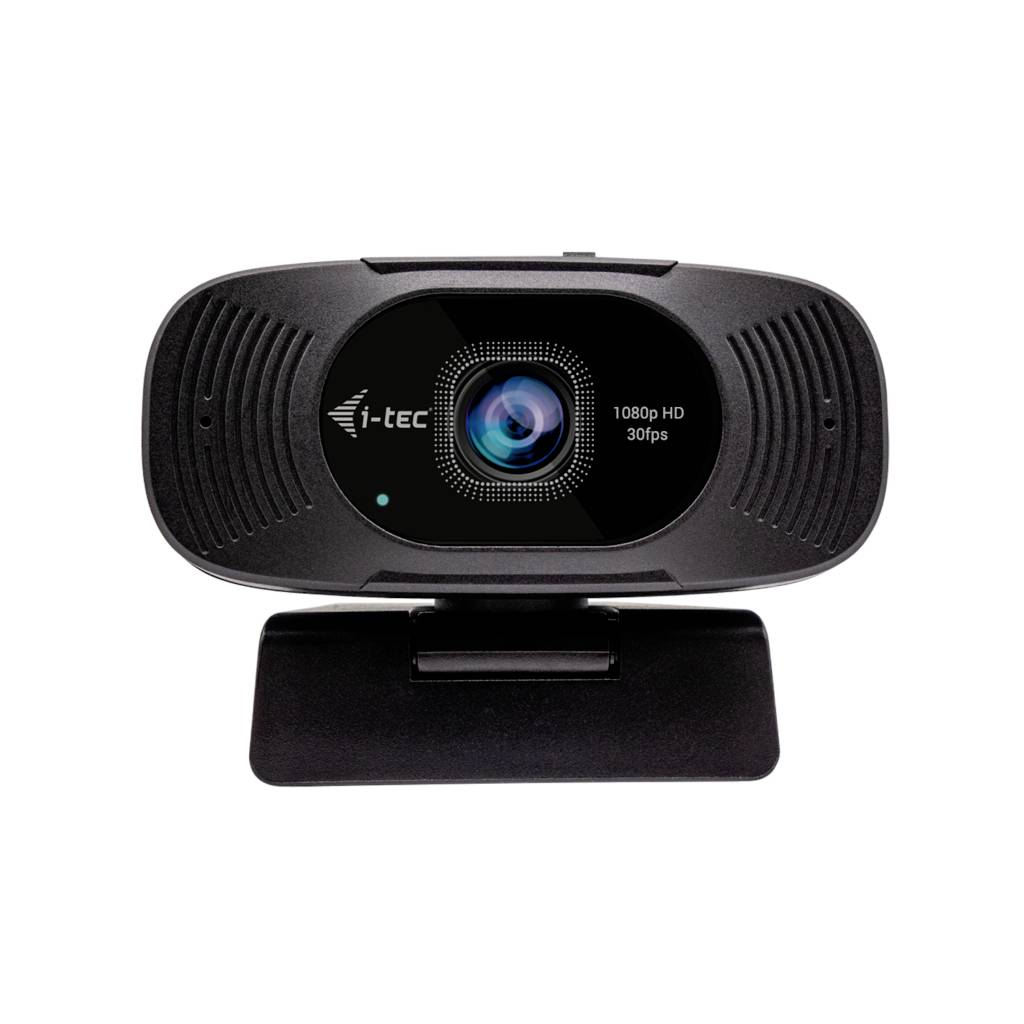 Webcam noir i-tec avec objectif centré sur un support, étiqueté 1080p HD 30fps, présenté sur un fond blanc.