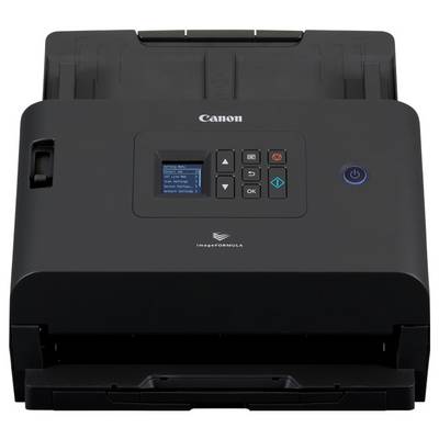 Vue de face d'un scanner de documents Canon imageFORMULA avec chargeur automatique de papier, petit écran d'affichage, boutons de contrôle et bouton d'alimentation.