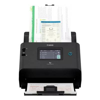Scanneur de documents Canon alimentant des papiers par les bacs avant et arrière, avec des commandes tactiles visibles.