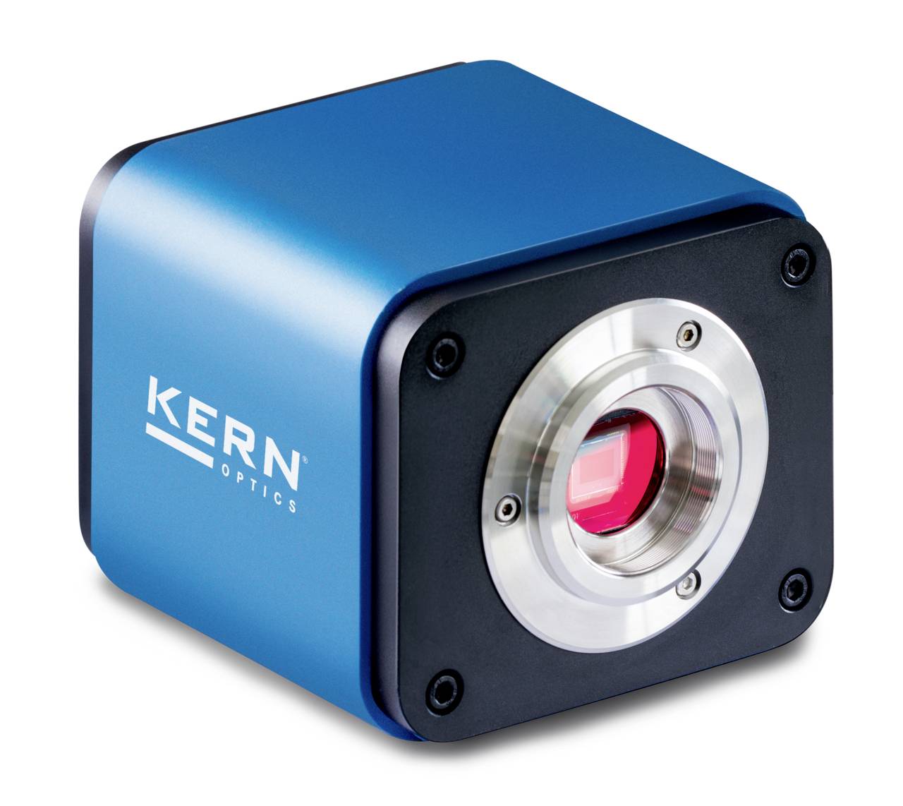 Caméra industrielle KERN Optics bleue avec un objectif argenté et une fenêtre de capteur rouge à l'avant.