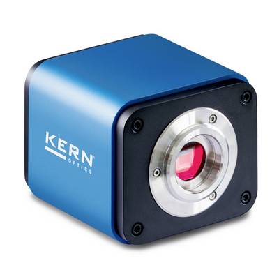 Caméra industrielle KERN Optics bleue avec un objectif argenté et une fenêtre de capteur rouge à l'avant.
