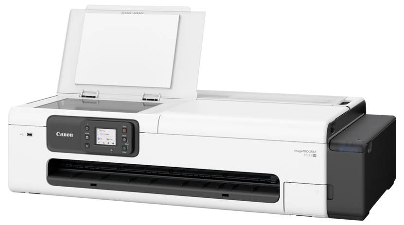 Une imprimante grand format Canon avec le couvercle du scanner ouvert et le panneau de commande avant, présentée sur un fond blanc.
