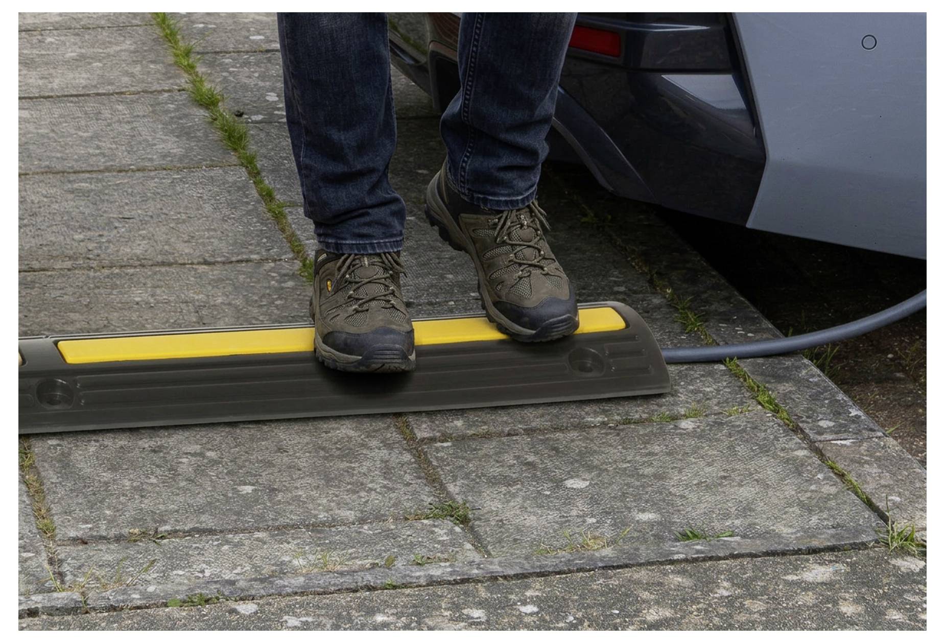 Une personne se tient debout sur un protecteur de câble noir, avec un câble de charge pour voiture électrique qui s'étend du véhicule jusqu'au trottoir.