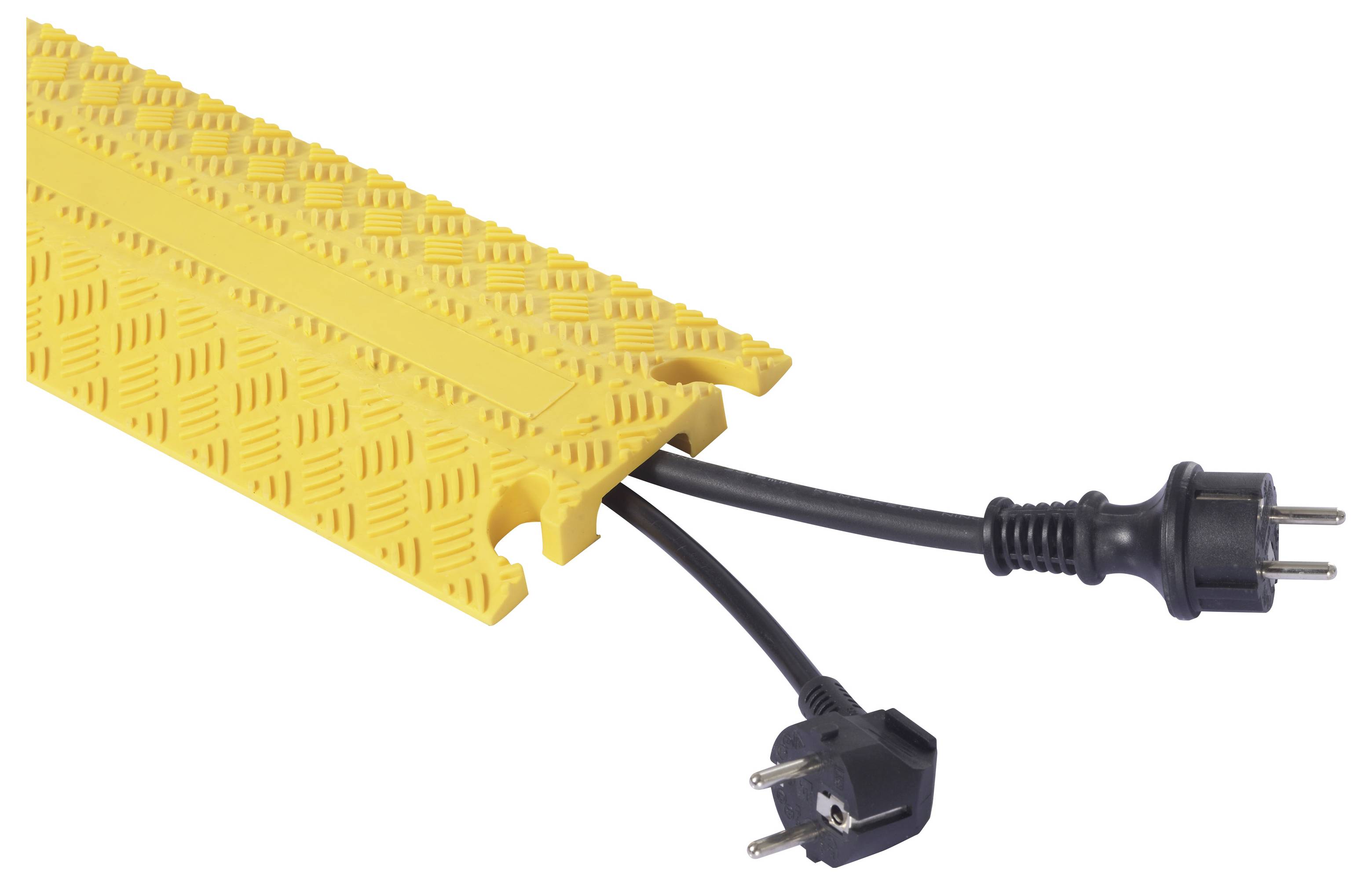 Rampe protectrice de câble jaune avec deux cordons d'alimentation noirs la traversant, l'un se terminant par une fiche à deux broches.