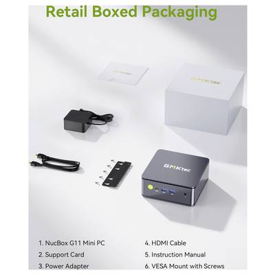 Emballage de vente au détail pour un mini PC GMKtec NucBox G11, montrant l'unité et les accessoires inclus : carte de support, adaptateur secteur, câble HDMI, manuel d'instructions et support VESA avec vis.