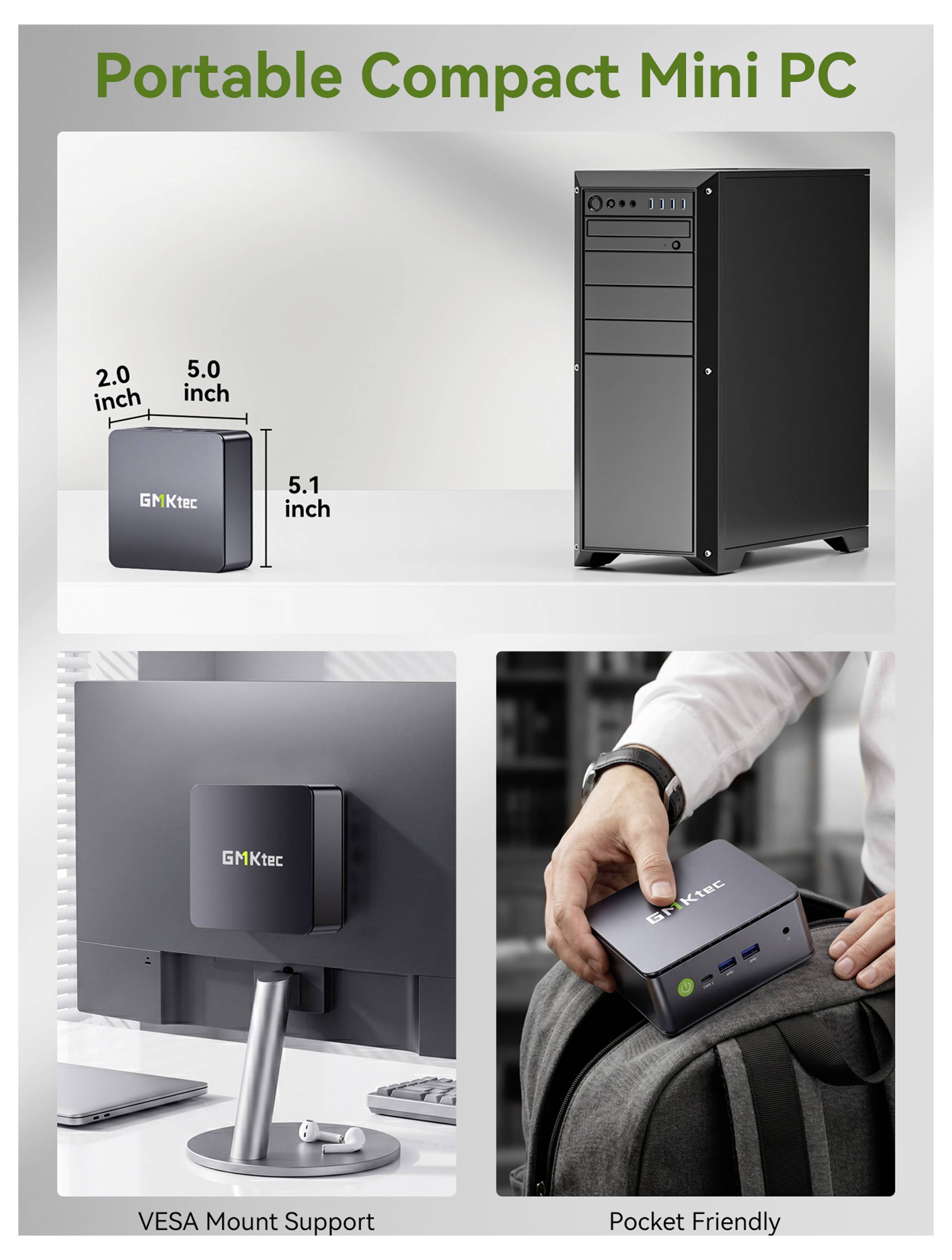 # Infographie Promotionnelle pour un « Mini PC Portable Compact »<br><br>Présentant un petit ordinateur de bureau de 2,0 x 5,0 x 5,1 pouces, support de montage VESA, et taille adaptée à la poche dans une main.