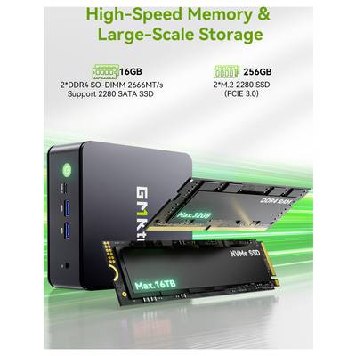 Graphique promotionnel montrant un mini PC avec support pour 16 Go de DDR4, 256 Go de SSD M.2 et jusqu'à 16 To de stockage NVMe.