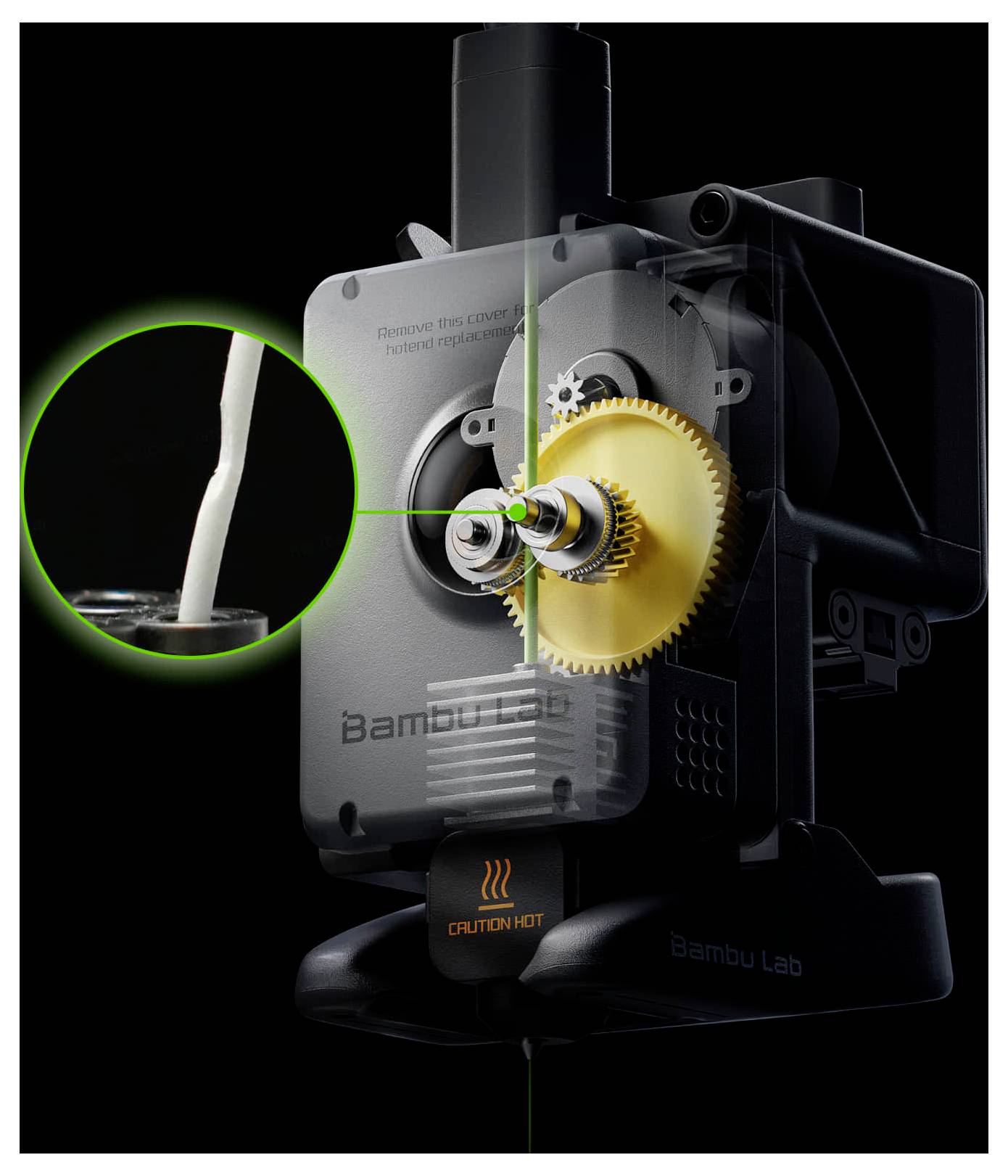 Assemblage d'extrudeur d'imprimante 3D Bambu Lab rendu en 3D avec un mécanisme d'engrenage ; le zoom inséré montre le filament alimenté dans la tête d'impression.