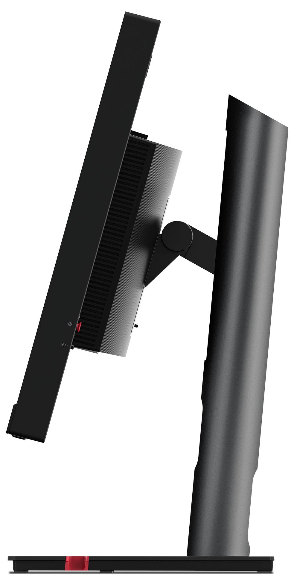 Vue latérale d'un moniteur informatique noir sur un socle, montrant le profil fin de l'écran et son support inclinable.