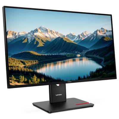 Moniteur de bureau Lenovo affichant un paysage vivant de lac de montagne, présenté sur un support noir avec un accent rouge.
