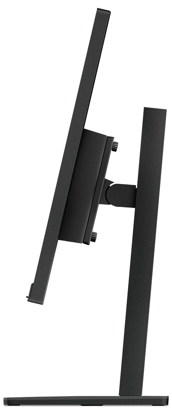 Vue latérale d'un moniteur à écran plat noir sur un pied, montrant l'écran incliné légèrement vers l'arrière.