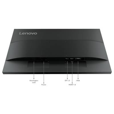 Vue arrière d'un moniteur Lenovo montrant les ports et les étiquettes pour le Verrouillage Kensington, l'Alimentation, DP 1.2, HDMI 1.4 et VGA.
