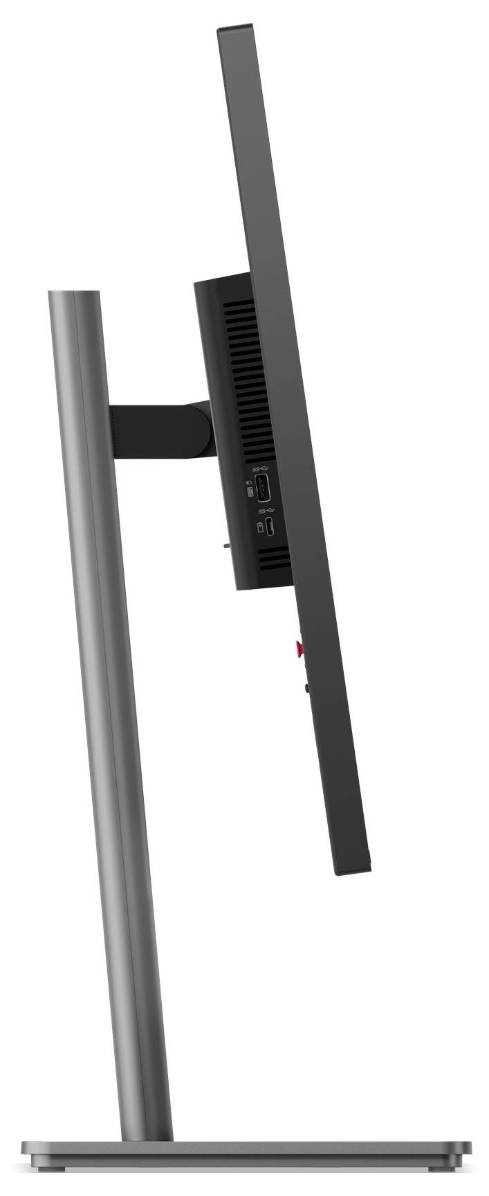 Vue latérale d'un moniteur à écran plat sur un support argenté avec une base fine, montrant le profil mince de l'écran et le bras de support réglable.