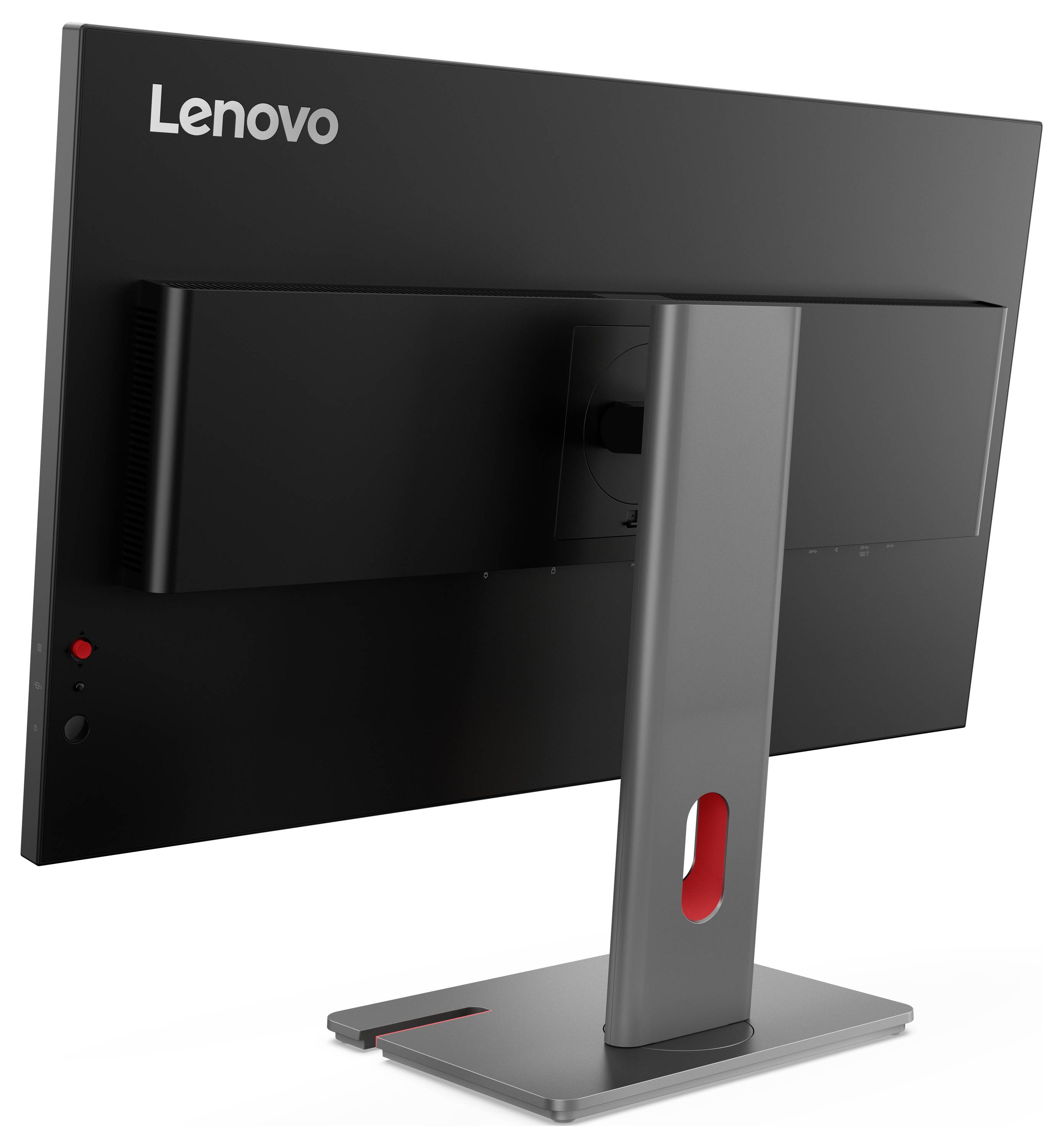 Vue arrière d'un moniteur de bureau Lenovo avec un support gris et une fente de gestion des câbles sur un fond blanc.