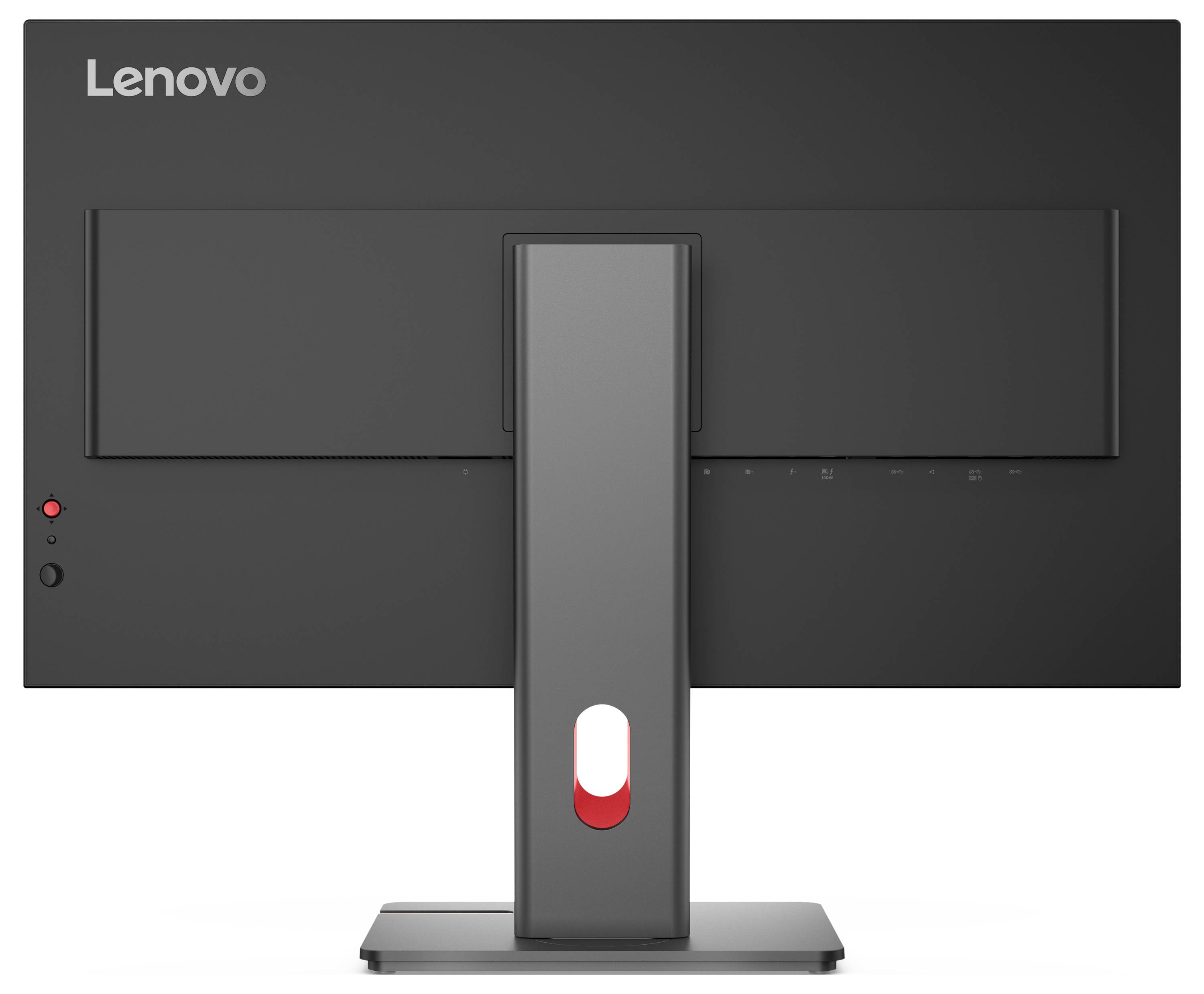 Vue arrière d'un moniteur Lenovo avec un pied central et un indicateur de puissance rouge sur un dos d'écran sombre.