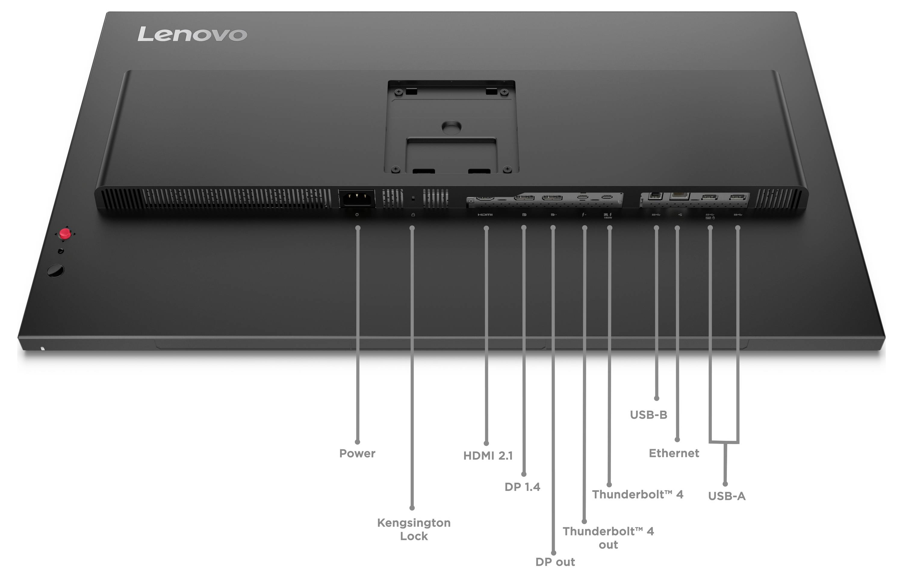 Vue arrière d'un moniteur Lenovo montrant les ports et commandes étiquetés, y compris l'alimentation, le verrou de sécurité Kensington, HDMI 2.1, DP 1.4, sortie DP, Thunderbolt 4 entrée/sortie, USB-B, Ethernet et USB-A.