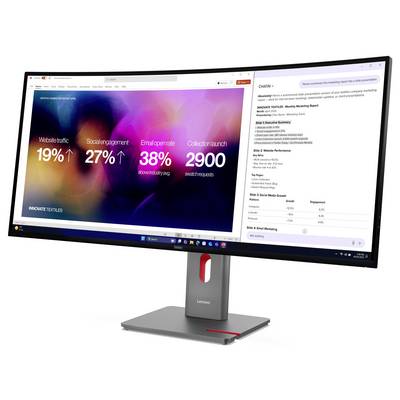 Un moniteur Lenovo affichant un tableau de bord marketing avec le trafic du site Web, l'engagement sur les réseaux sociaux, le taux d'ouverture des e-mails et les métriques de lancement de collection à côté d'un rapport textuel.