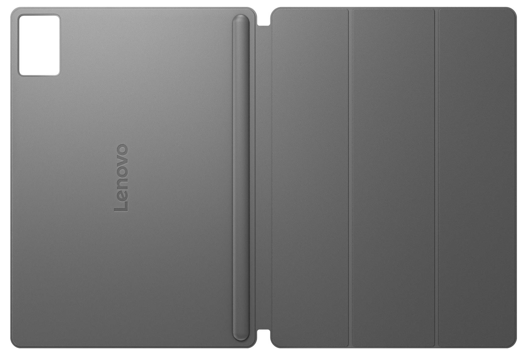 Étui folio Lenovo gris présenté fermé, avec trois panneaux de couverture avant et une découpe de caméra à l'arrière.