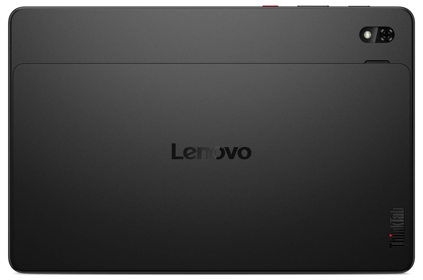 Vue arrière d'une tablette Lenovo noire avec caméra arrière dans le coin supérieur droit et un petit stylet rouge près du bord supérieur.
