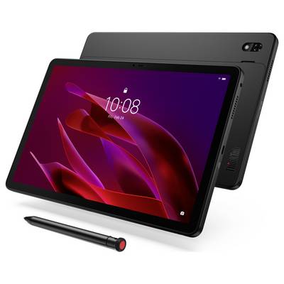 Tablette noire avec stylet présentée de face et de dos, affichant un fond d'écran abstrait rouge et un écran de verrouillage à 10:08.