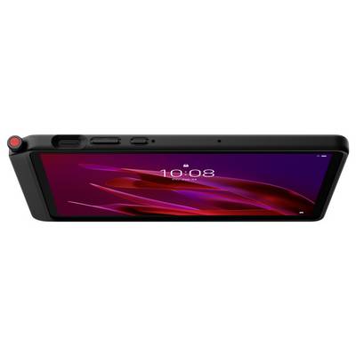 Tablette Lenovo grise présentée de l'arrière dans un étui de protection avec support pliable, avec une découpe pour l'appareil photo en haut à droite.