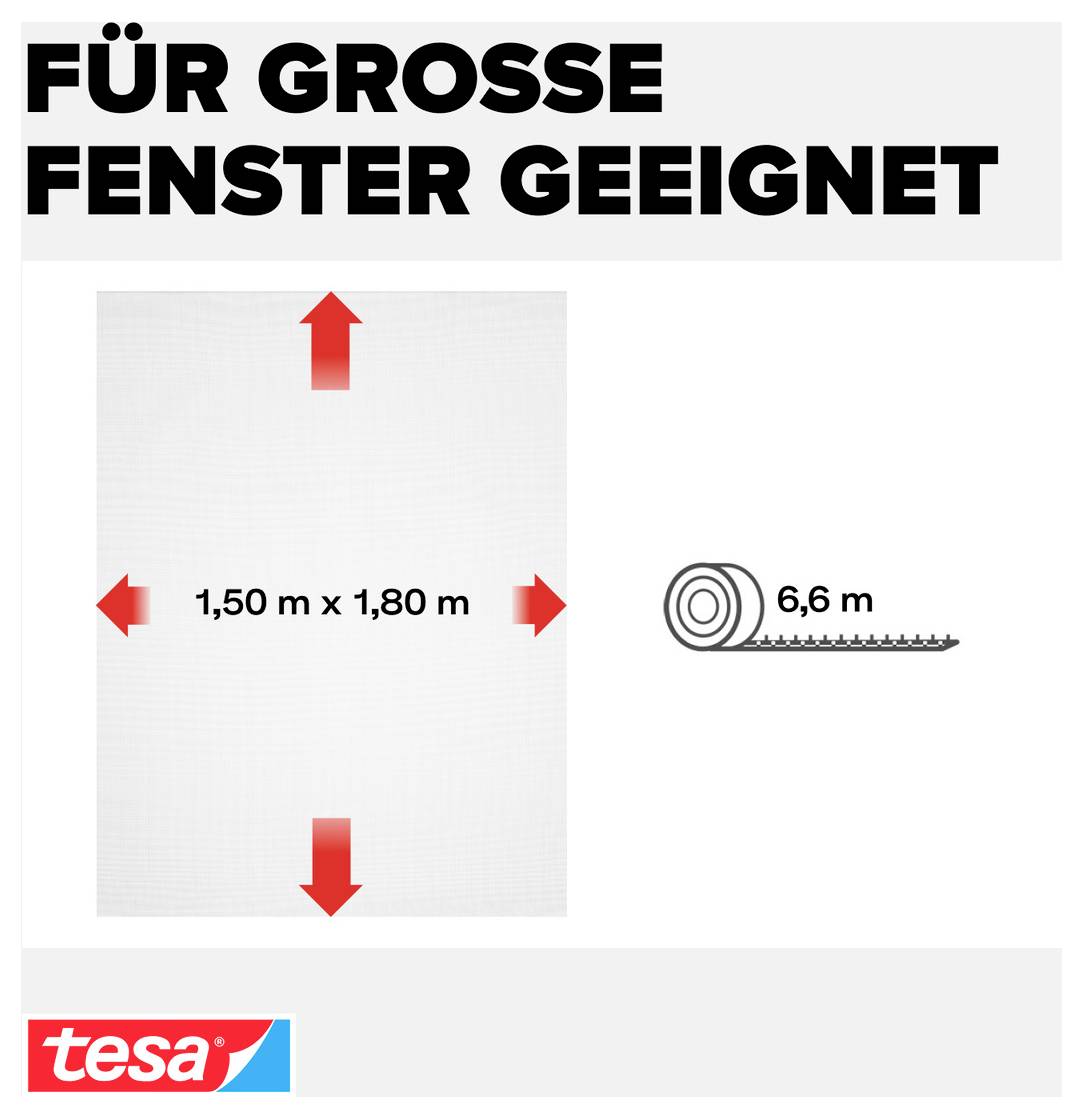 CONVIENT POUR LES GRANDES FENÊTRES<br>Taille de fenêtre : 1,50 m x 1,80 m<br>Longueur du rouleau : 6,6 m<br>Logo Tesa
