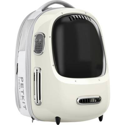 Sac à dos intelligent White Petkit pour animaux de compagnie avec une fenêtre d'observation avant, des aérations latérales et une poignée supérieure pour le transport d'un petit animal.