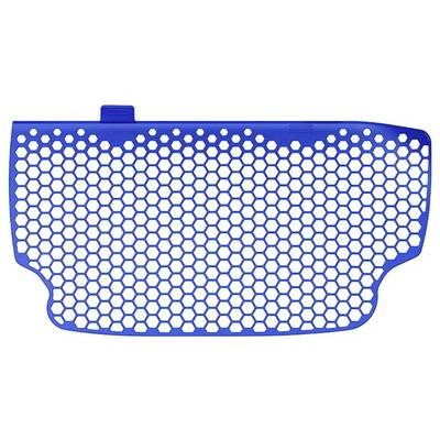 Grille de filtre en maille en nid d'abeille bleu avec languette centrale, présentée sur fond blanc.